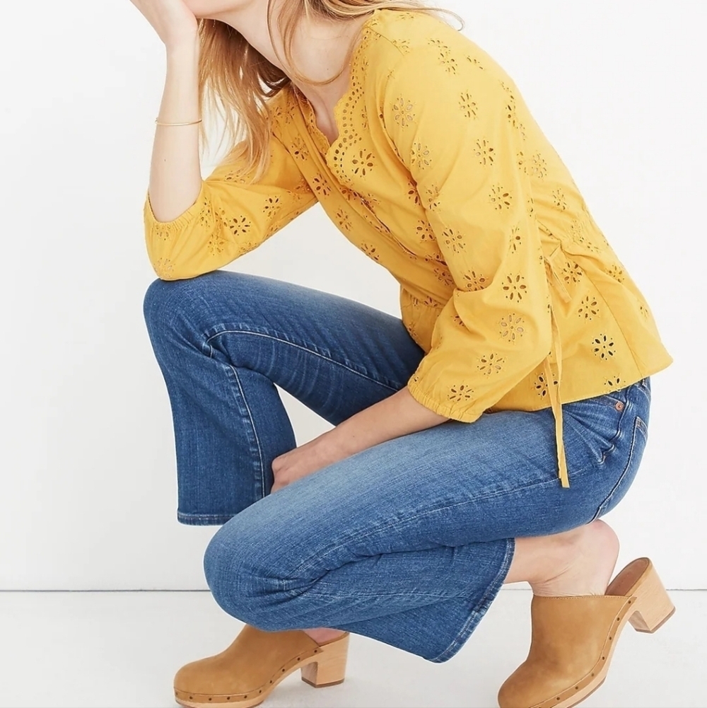 Madewell Scalloped Eyelet Wrap Blouse Mustard Yellow Boho Top - Picture 2 of 15